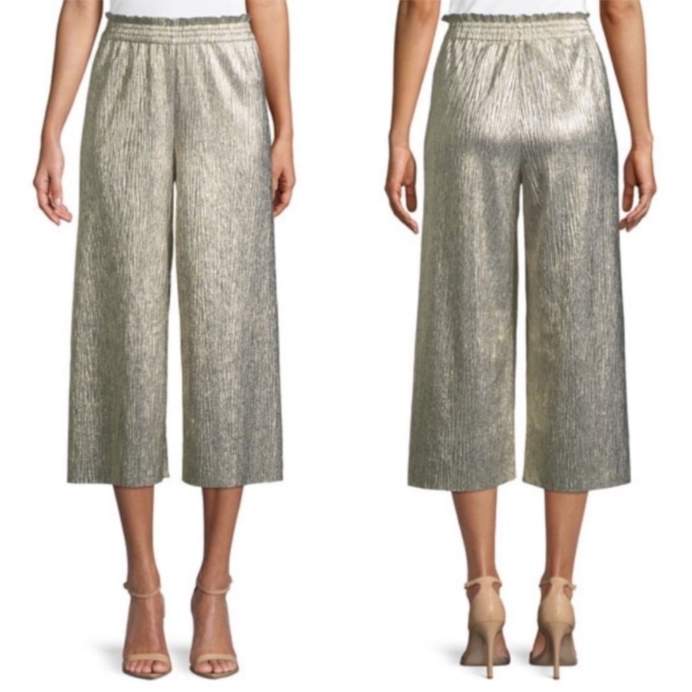 Alice + Olivia Elba Metallic Plisse Pull On Cropped Wide Leg Pants